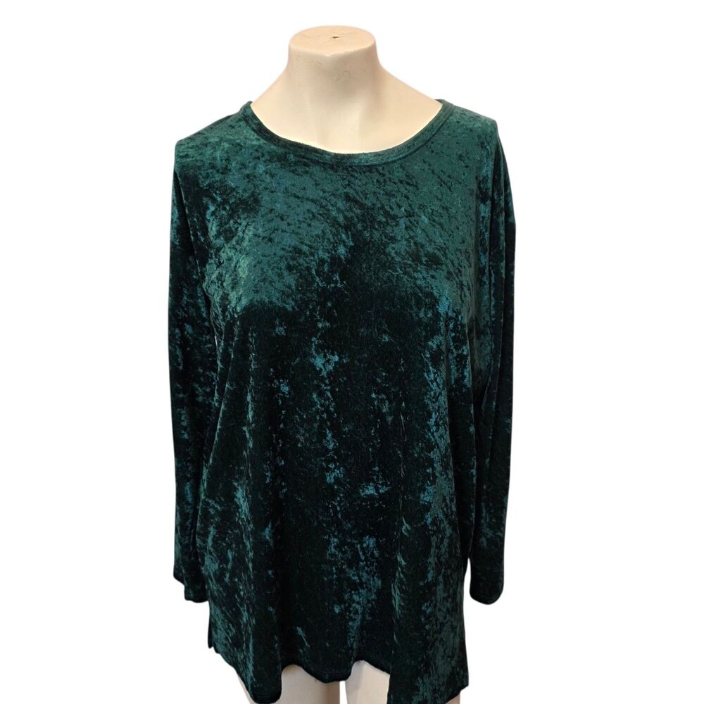 JPLA Crushed Velvet Tunic Top XL Green Long Sleeve‎ Stretch Boho Holiday Top